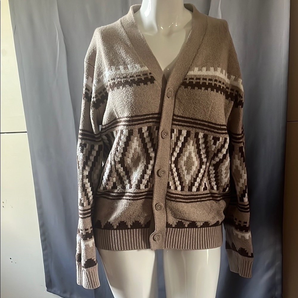 Old Navy Brown and White Cardigan with Nordic Patterns